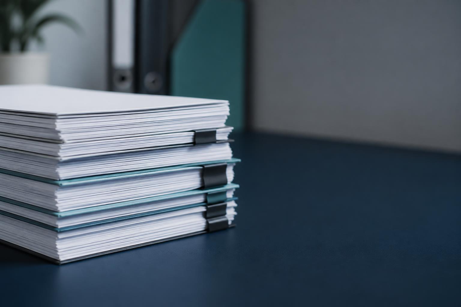 Structured regulatory evidence documents on a navy surface.